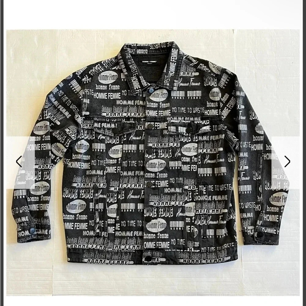 Homme + Femme Men's Black All Over Logo Print Button Front Denim Jacket Large